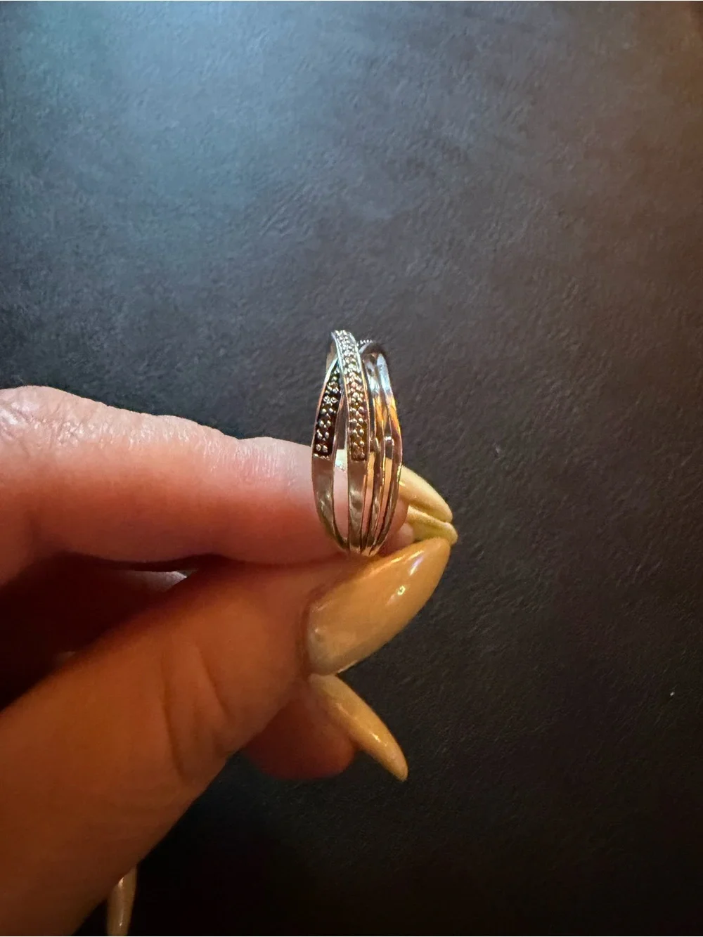 Stamped White Gold Diamonds White & Black Diamonds Crisscross Pave Stack Ring 10